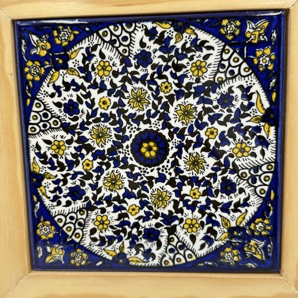 Barbour Ceramics Tile 8x8 square Stand Wood Cobalt Blue and White Yellow Flowers - Picture 8 of 16
